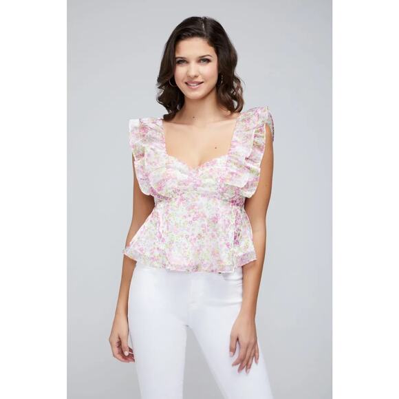 Wildfox Floral Ruffle Blouse M White Pink Romantic Cottagecore Top NWT - Picture 2 of 9